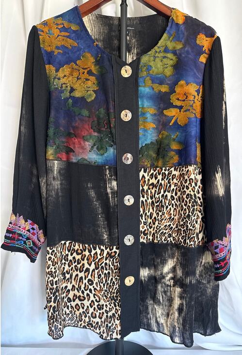 Caleoas Tops - Boho Patchwork Burnout Velvet Tunic Blouse Watercolor Leopard Mixed Print M